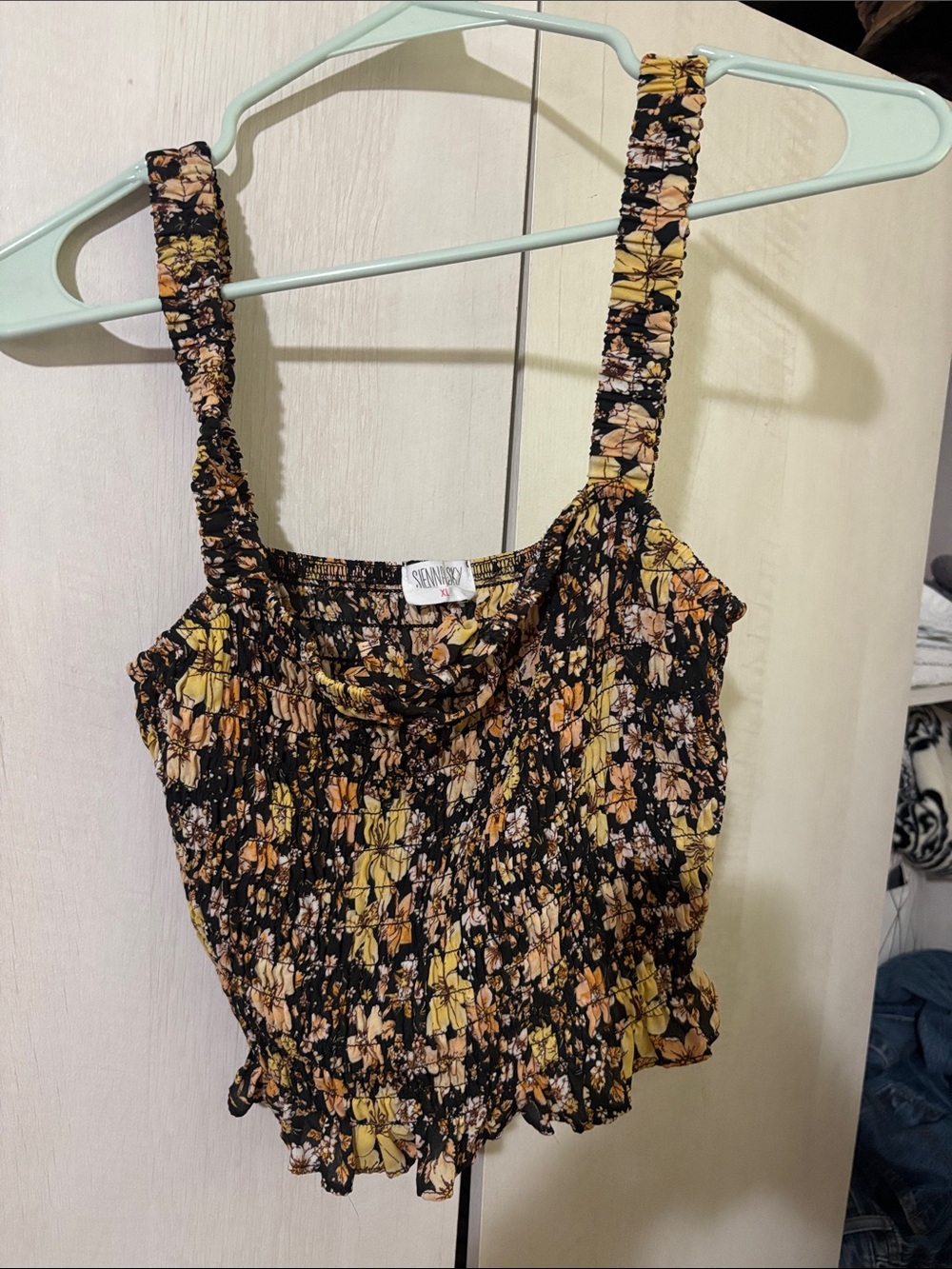 Sienna Sky Black Floral Smocked Crop Top with Mustard Accents